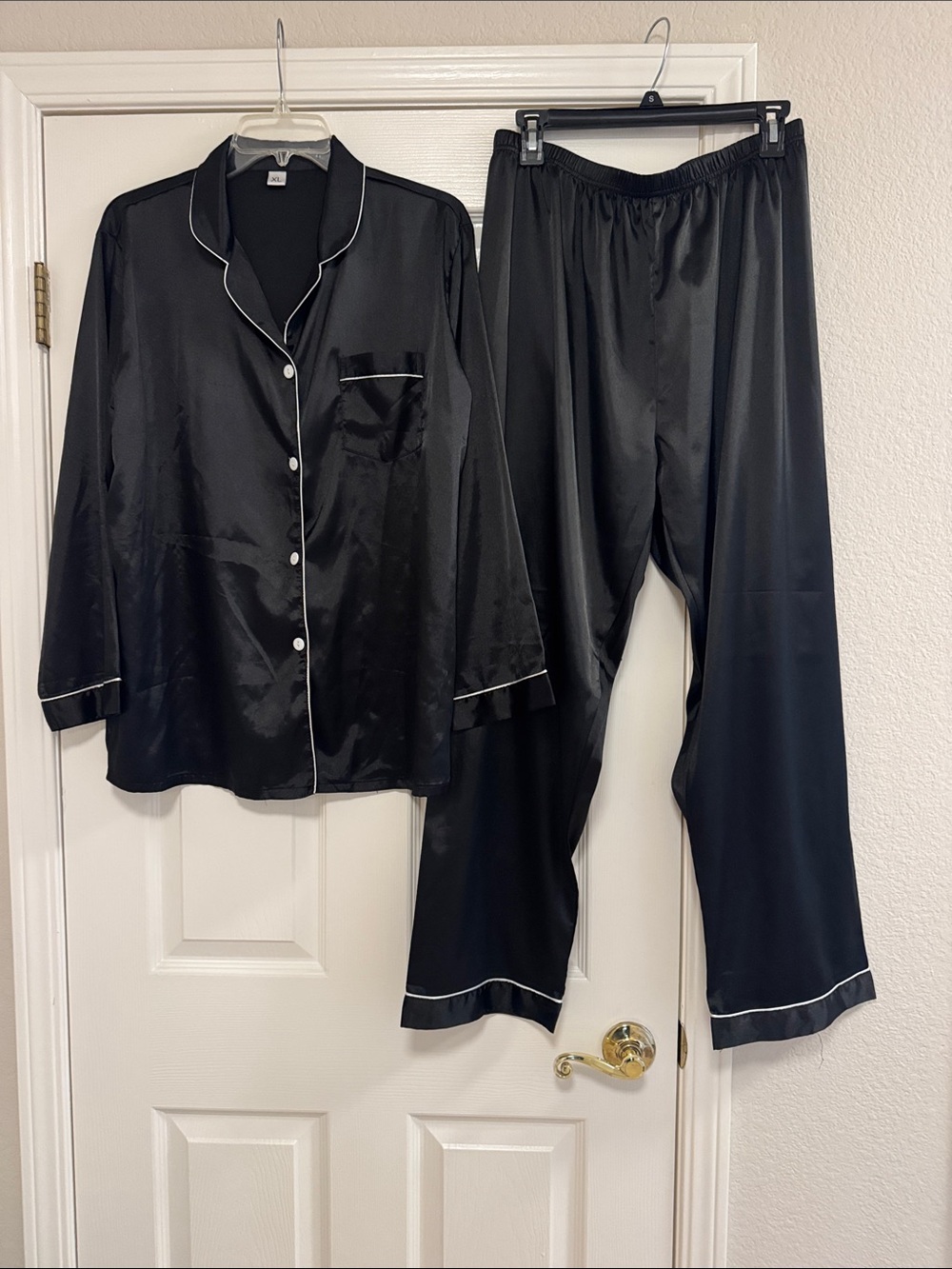 Black Satin Pajama Set with White Piping - Women Intimates & Sleepwear XL
